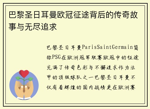 巴黎圣日耳曼欧冠征途背后的传奇故事与无尽追求 巴黎圣日耳曼欧冠征途背后的传奇故事与无尽追求