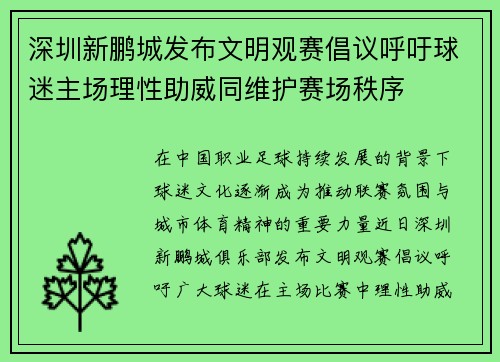 深圳新鹏城发布文明观赛倡议呼吁球迷主场理性助威同维护赛场秩序
